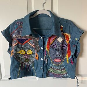 Cropped Buttondown with Hand-sewn Characters